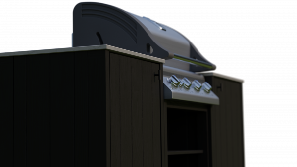 Zwarte buitenkeuken van hout vanaf de zijkant te zien met een grote gas barbecue